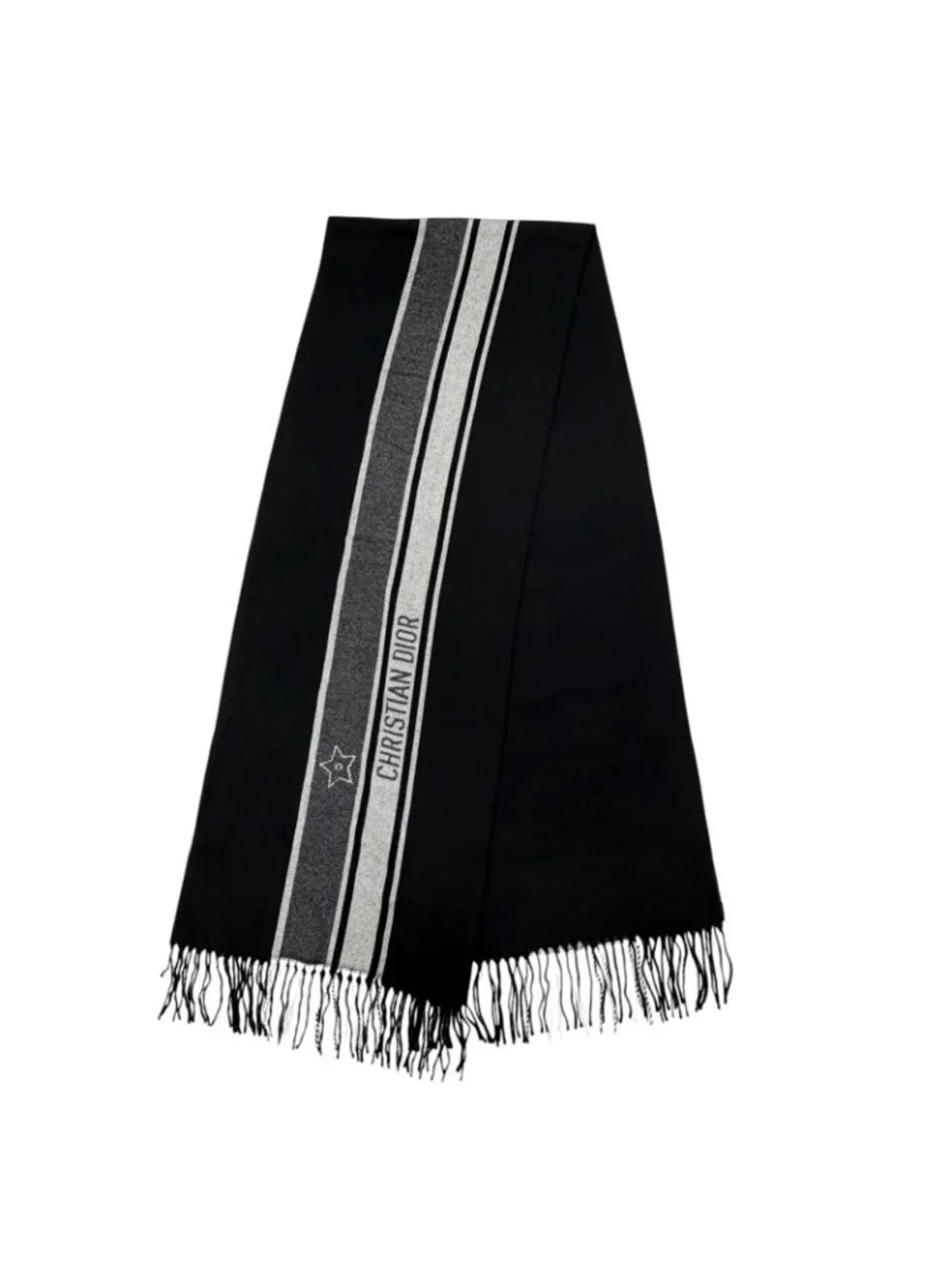 Dior Wool Logo Scarf with Fringe Black Gray 200 Width 70